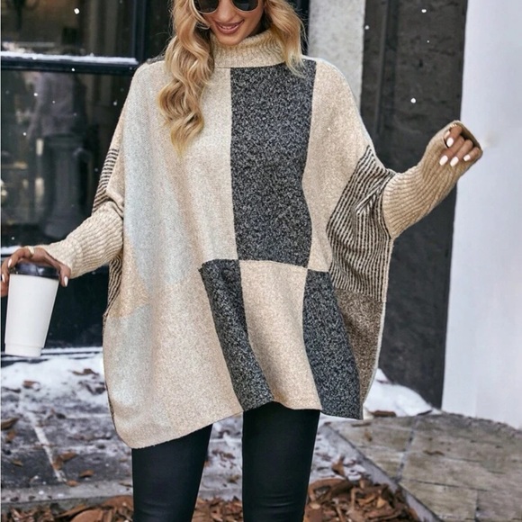 Cozy Color Block Turtleneck Batwing Sleeve Sweater Top - Picture 5 of 7